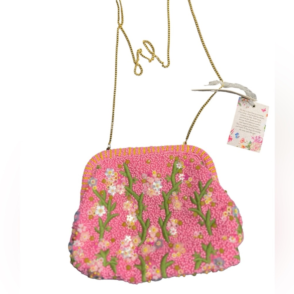 Beaded Pink Floral Crossbody Purse with Gold Chain